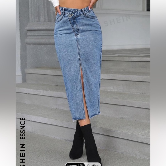 SHEIN Essnce Overlap Waist Split Thigh Denim Skirt - Picture 2 of 4